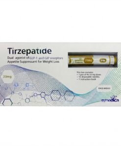 Tirzepatide 20mg research peptide pen positioned on a stainless steel laboratory bench with analytical reports