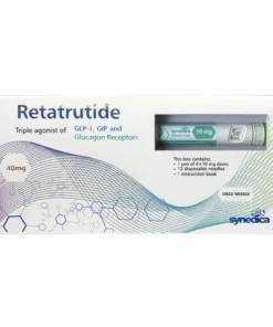 Synedica Retatrutide 40mg research peptide pen resting on a clean laboratory surface with purity documentation