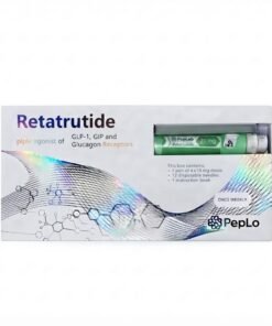 Retatrutide 20mg research peptide pen positioned on a stainless steel laboratory bench with analytical reports