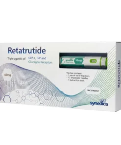 Retatrutide 40mg research peptide pen positioned on a stainless steel laboratory bench with analytical reports